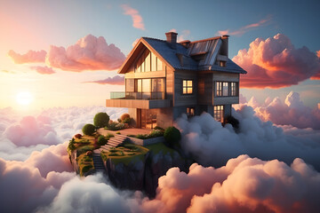 3d house floating on clouds