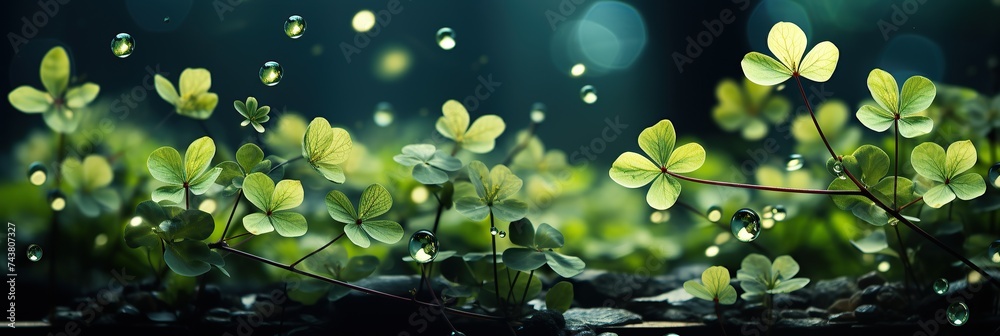 Poster the close up showcases a vivid green plant adorned with shimmering droplets of water, creating a vis