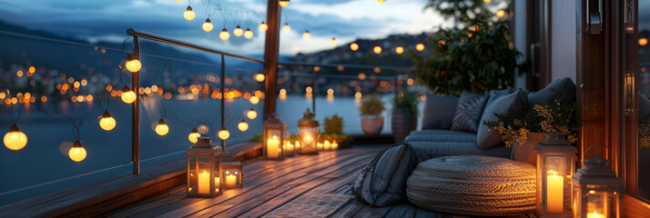 Fototapeta na wymiar View over cozy outdoor terrace with outdoor, Enjoy a warm autumn evening on the luxurious roof terrace of a modern suburban home, with cozy string lights and elegant lanterns casting a soft glow over 