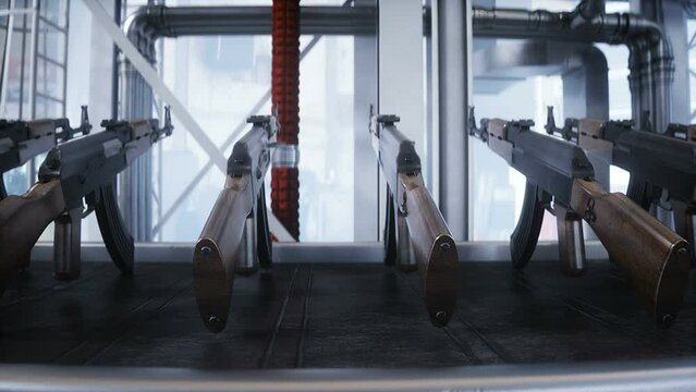Russian machine gun AK 47 production factory. War concept. Realistic 4k animation.