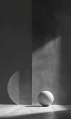White sphere with a stark shadow in a minimalist monochrome setting.