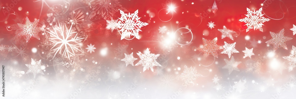 Poster delicate red and white snowflakes gracefully fall against a wintry holiday backdrop, creating a char
