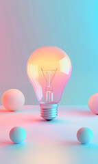 Pastel-coloured lightbulb with a soft glow and ball speheres, representing creativity and innovation.