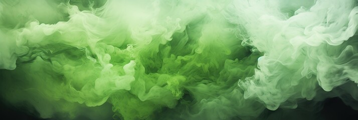 A mesmerizing blend of green and white smoke swirls and mingles gracefully against a stark black backdrop