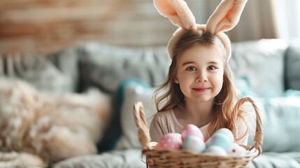 Adorable Little Girl Wearing Bunny Ears with Easter Basket of Colored Eggs