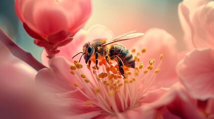 Abeja Tomando el Nectar de Miel en una Flor Tecni. - obrazy, fototapety, plakaty