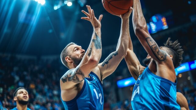 Intense basketball player focused on layup in action, close up of determined expression - Powered by Adobe