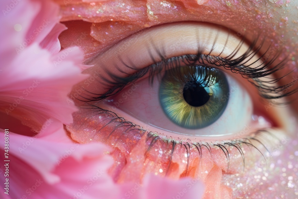 Aufkleber single eye against a backdrop of delicate pink flowers, creating a mesmerizing and poetic visual con