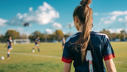 Obraz premium Young Female Soccer Player Wearing Jersey Number 1 Watching Teammates Practice