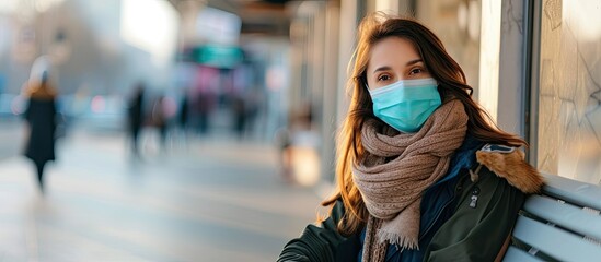 A woman wearing a face mask for pollution and flu protection is seated on a bench in a public area.