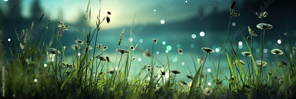 Poster a vast field stretches out with lush green grass swaying gently in the breeze, while in the backgrou