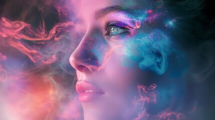 Surreal Portrait of a Woman with Cosmic Elements and Nebula Colors