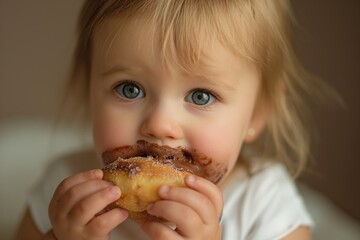 Adorable Toddler with Messy Face Eating a Donut