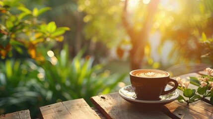 Coffee espresso on wood table nature background in garden,warm tone - obrazy, fototapety, plakaty