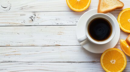 Continental breakfast - coffee, orange juice and toast on white wood table. Background with free text space. - Powered by Adobe