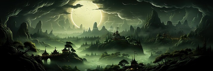 A whimsical painting of a mystical fantasy landscape illuminated by the full moon, featuring dreamlike elements such as towering mountains, cascading waterfalls, and glowing flora