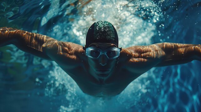 dynamic and fit swimmer in cap breathing performing the butterfly stroke