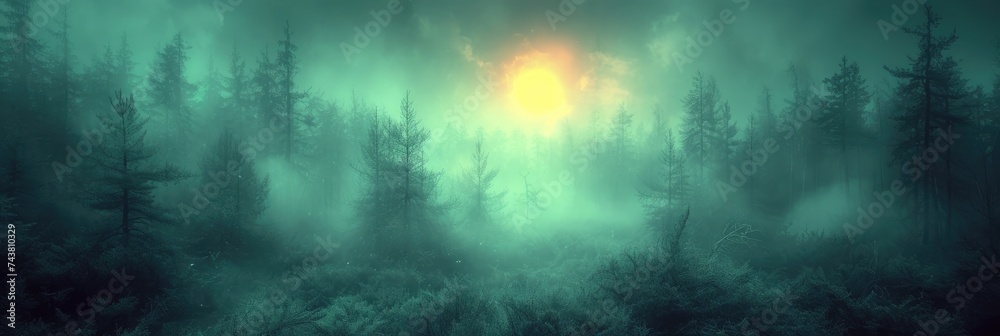 Poster a lush forest teeming with a multitude of trees, forming a dense and vibrant canopy, creating a sense of enchantment and tranquility