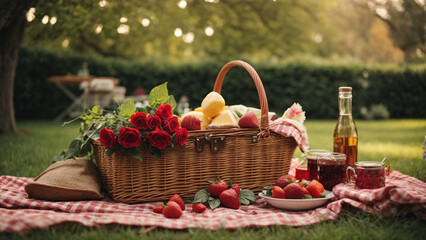 Amazing summer picnic with fruits and flowers