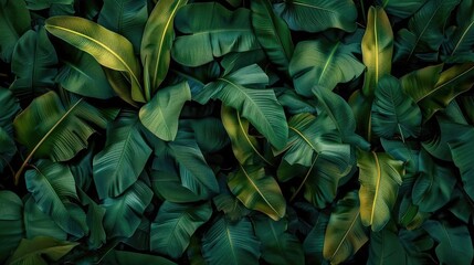 leaves of banana, abstract green dark texture, nature background, tropical leaf