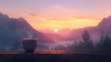 Morning cup of coffee with mountain background at sunrise - obrazy, fototapety, plakaty