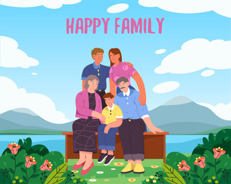 Vector family photo outdoor. Cartoon photography or happy portrait of mother and father, son or boy, grandmother or grandfather. Summer or spring memory frame at park. Smiling parent group. Mom, dad