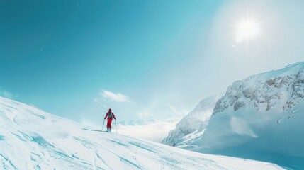 Fototapeta na wymiar Skier on piste running downhill in beautiful Alpine landscape. Blue sky on background. Free space for text