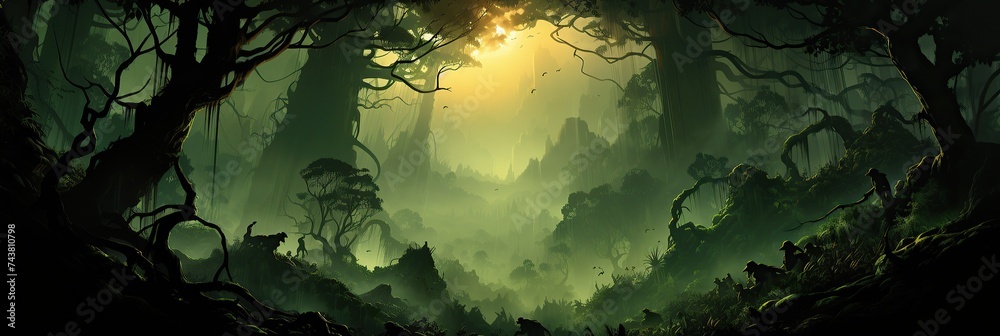 Poster a vibrant painting of a dense forest with an array of trees in full bloom, showcasing the beauty of 