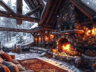  3d rendering of a cozy chalet with fireplace in winter forest.