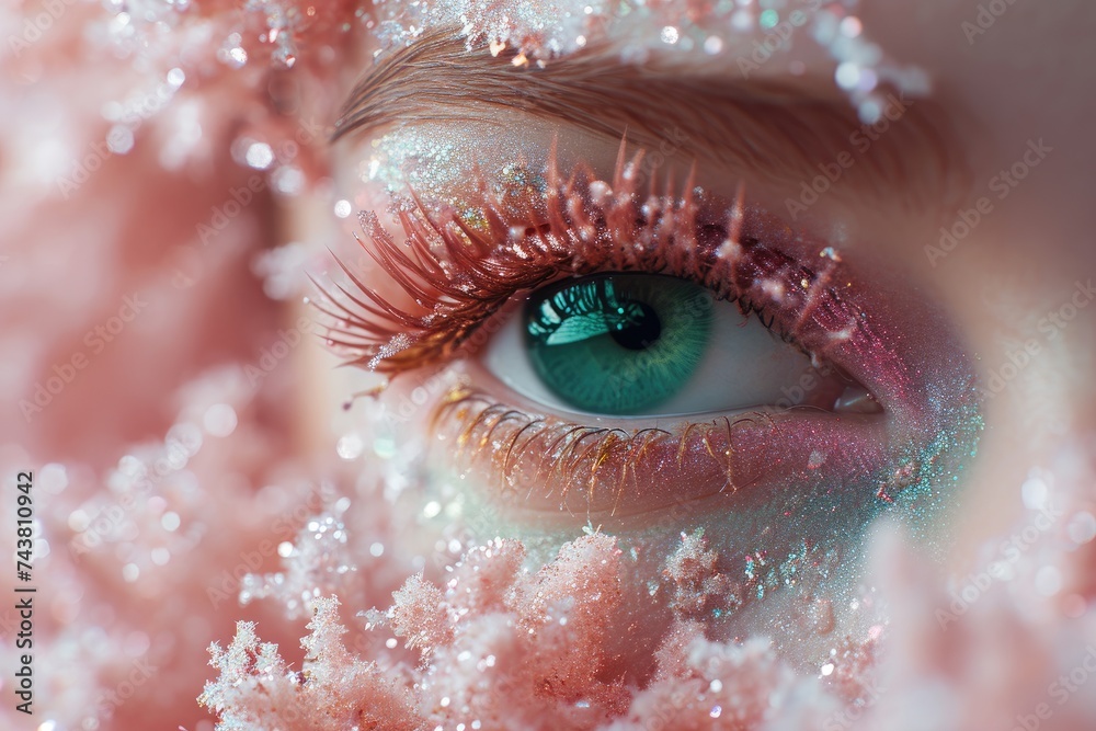 Poster a detailed close-up of a persons eye, with mesmerizing glitter delicately applied around the eyelid,