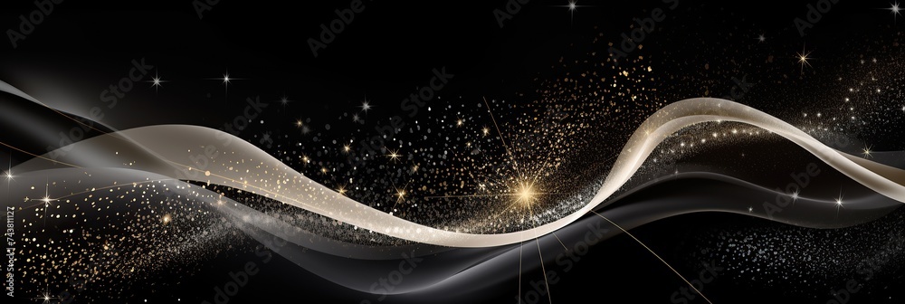 Poster Abstract golden wave with sparkling particles flowing across a black background, creating an elegant and dynamic design