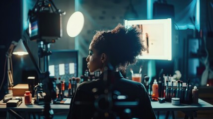 Behind the scene of artist creator doing make up tutorial recording beauty vlog reviewing cosmetics products in studio. Creative social media influencer filming makeup podcast using vlogging equipment