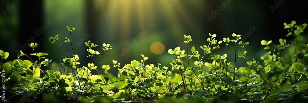 Poster the suns golden rays filter through the lush green leaves of the trees in the forest, creating a mag