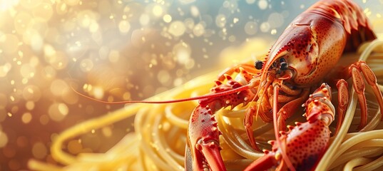 Delicious pasta with seafood shrimps on blurred restaurant background, copy space for text placement