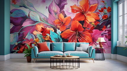  Abstract background with colorful flowers, modern.