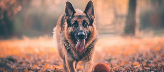A German shepherd dog energetically runs through a forest covered in colorful autumn leaves in search of adventure. - obrazy, fototapety, plakaty