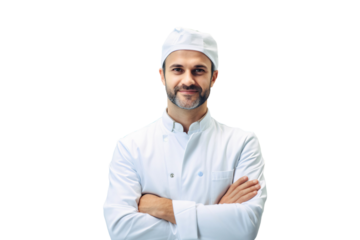 Portrait of a smiling professional chef with crossed arms pose, isolated on transparent background