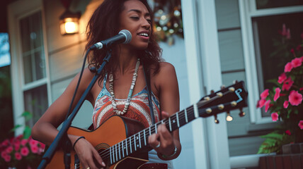 Porch Concert Series: A series of outdoor concerts featuring local musicians performing on neighborhood porches, creating a festive atmosphere for all to enjoy - obrazy, fototapety, plakaty