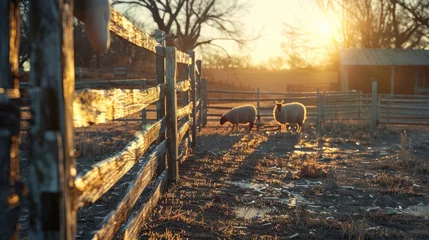 Foto op Plexiglas Sheep grazing in a glowing sunrise farm enclosure © Viktorikus