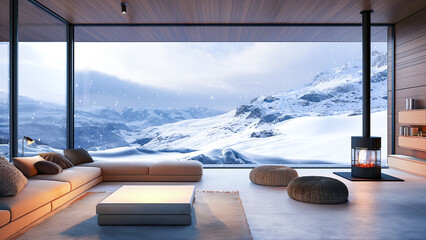 Luxurious living room with a warm fireplace and snowfall view.