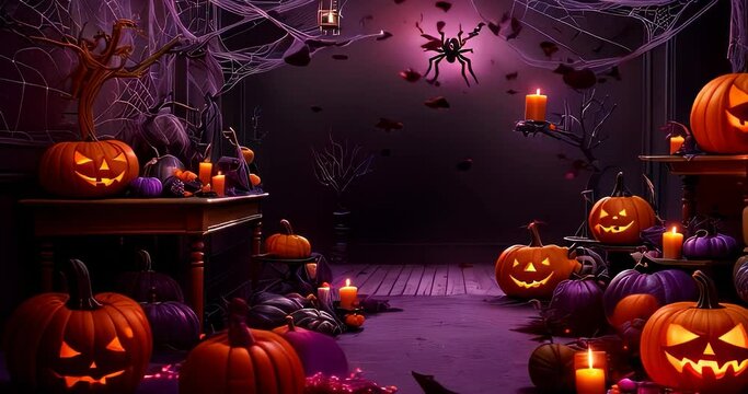 Spooky Halloween, with carved pumpkins with scary faces that have glowing eyes and mouths, emitting strange lights in a dark room decorated with Halloween decorations