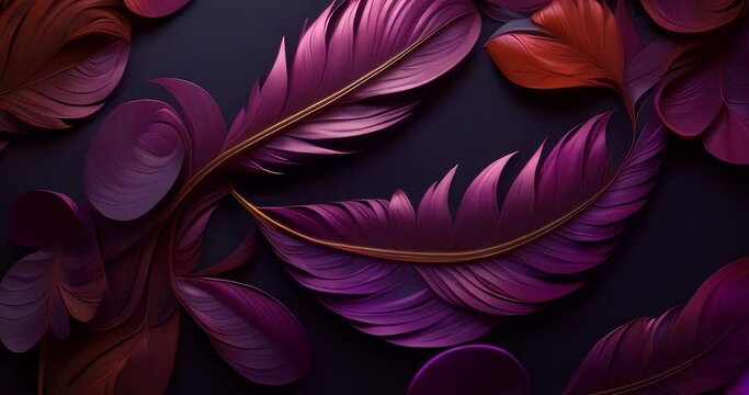  artistic representation of a vibrant, purple feather surrounded by swirling patterns of similar design and color scheme