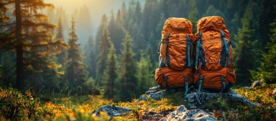 Hiking gear banner background in summer forest two backpacks and trek shoes for hiking couple camping - obrazy, fototapety, plakaty