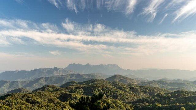 Timelapse of moving clouds in the sky above landscape view with Doi Luang Chiang Dao seen in far distant