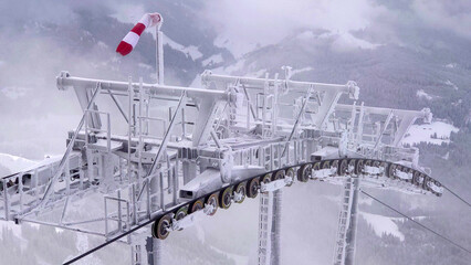 Completely frozen cableway in a ski resort in Austria in the winter. 