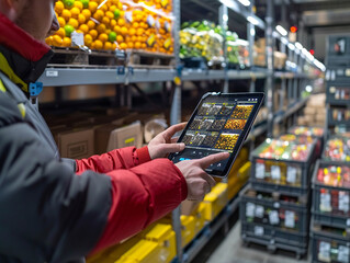 Supermarket Employee Using Tablet to Manage Inventory in Warehouse