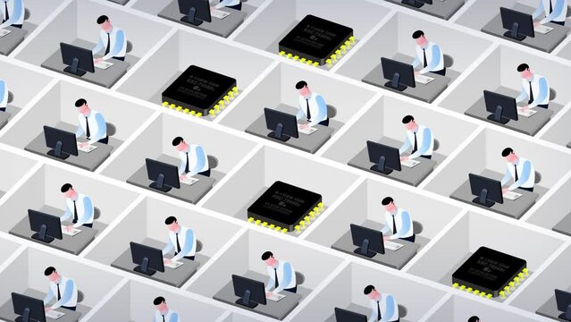 Processors replacing simple office working employees business style same men. Office employees transforming to chip processors. Characters and circuits in cubicles.
