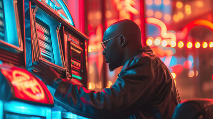 Fototapeta premium Vintage Jazz Jukebox: A black musician playing a vintage jukebox, surrounded by a nostalgic ambiance of jazz records and neon lights