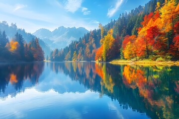 Vibrant Autumn Landscape Reflection on a Lake - obrazy, fototapety, plakaty
