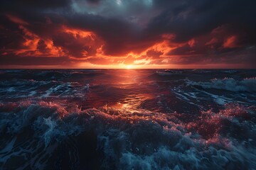 Dark Red Sunset Over Ocean Waves